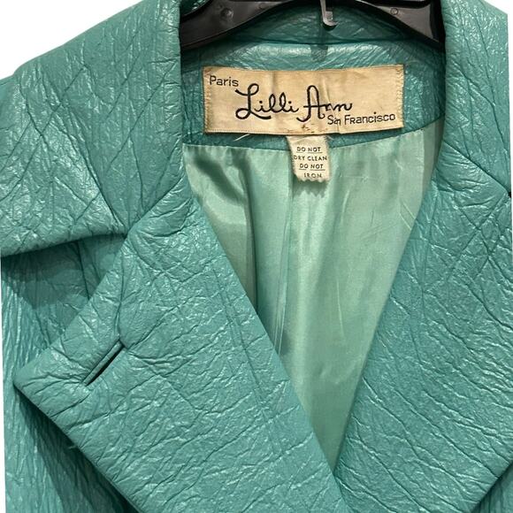 Vintage 1960s Lilli Ann Faux Leather Turquoise Coat Belted Mod Jacket | XL - - Picture 2 of 5